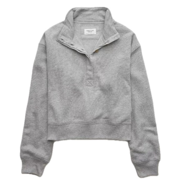 American Eagle Cropped Henley Fleece Sweatshirt Cozy Fall Preppy Style - Picture 1 of 7